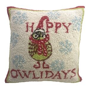Happy Owlidays Hooked Christmas Owl Snowflake Holiday Throw Pillow 16 in